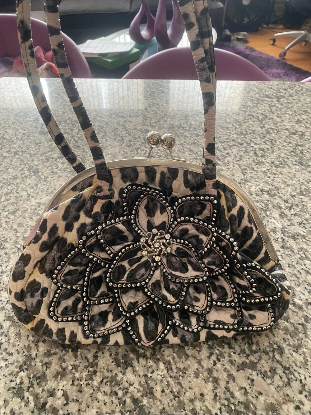 Embellished Floral Accent Black and Cream Women’s Evening Bag